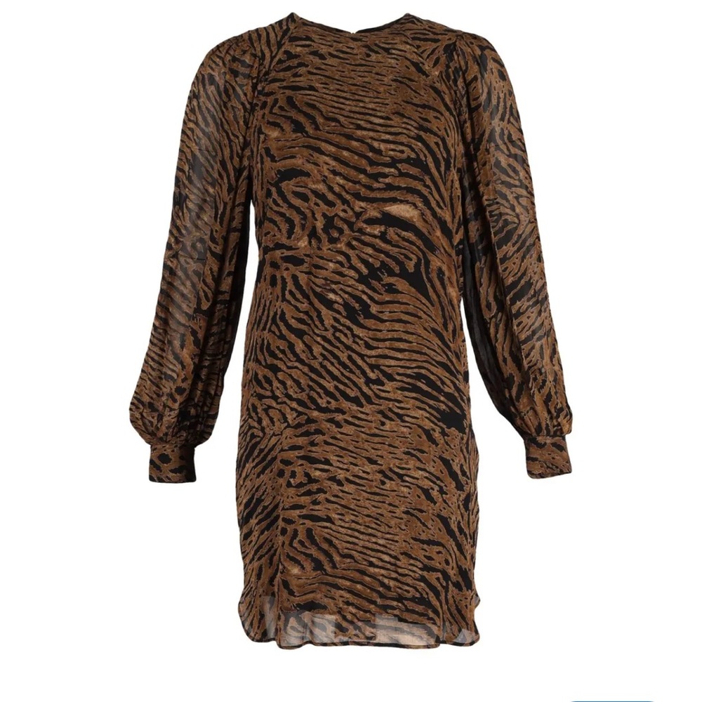 Ganni - Printed Georgette Black & Brown Tiger Patterned Dress - size 36 or US 4 - Picture 2 of 16